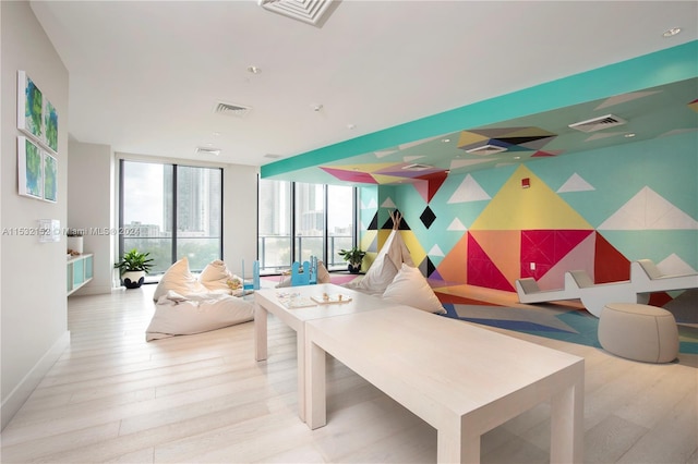 playroom featuring expansive windows and light hardwood / wood-style flooring