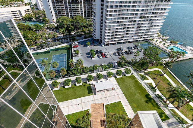 aerial view featuring a water view