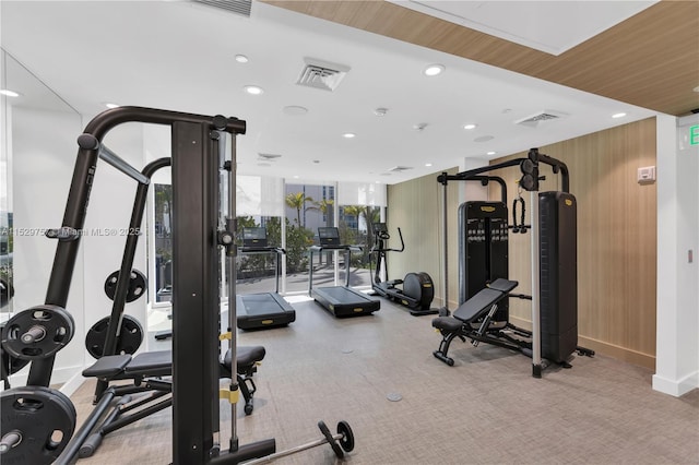 exercise room with expansive windows and wooden walls