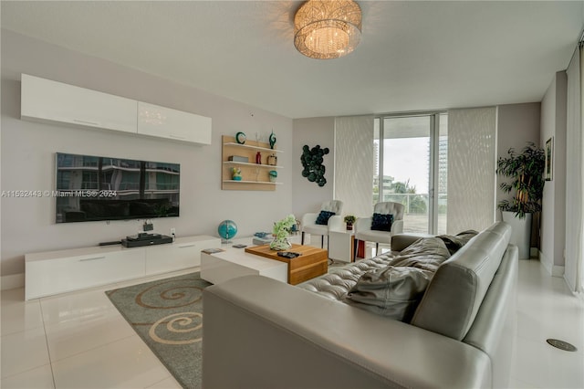 living room featuring light tile flooring