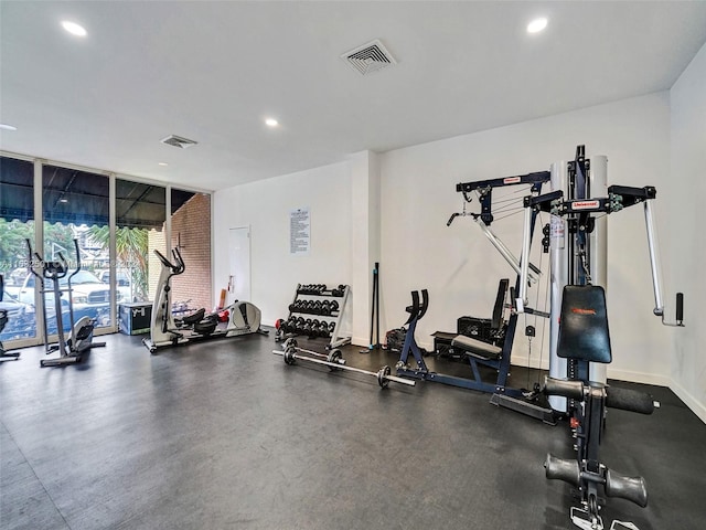 workout area featuring floor to ceiling windows