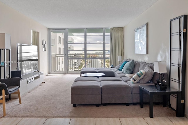 living room with light colored carpet, floor to ceiling windows, and a textured ceiling