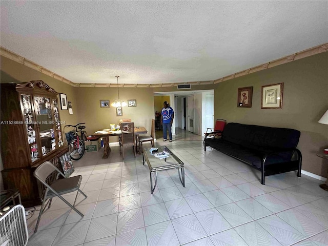 living room with a textured ceiling