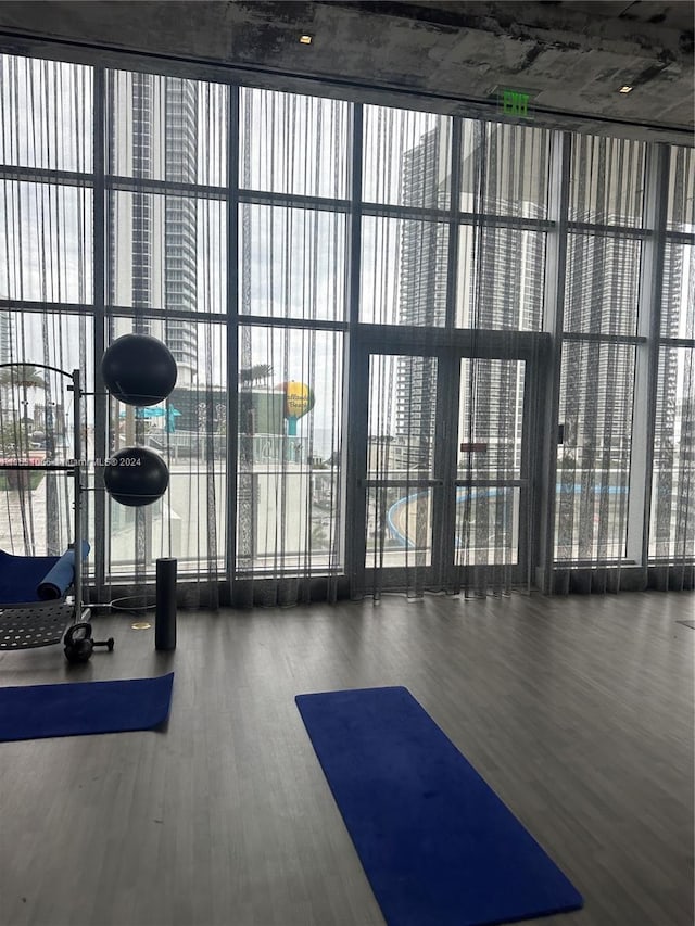 workout area featuring plenty of natural light, dark wood-type flooring, and a wall of windows