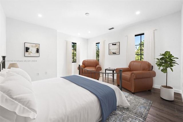 bedroom featuring dark wood-type flooring and multiple windows