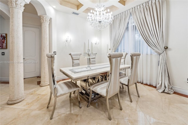 dining room featuring coffered ceiling, a chandelier, light tile floors, crown molding, and ornate columns