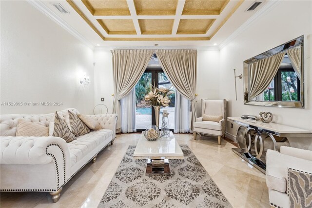 tiled living room with coffered ceiling, beamed ceiling, and ornamental molding