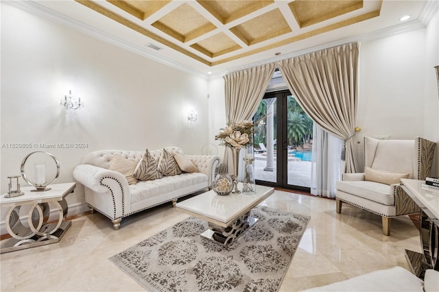 tiled living room with coffered ceiling, beam ceiling, french doors, and ornamental molding