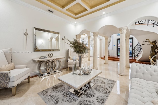 tiled living room with coffered ceiling, crown molding, decorative columns, and beamed ceiling