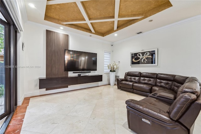 tiled living room featuring crown molding, coffered ceiling, and a raised ceiling