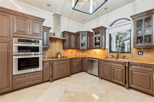 kitchen with sink, stainless steel appliances, light tile flooring, wall chimney range hood, and tasteful backsplash