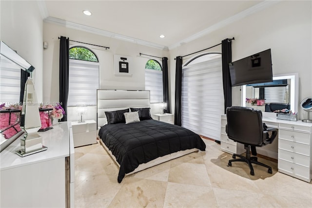 bedroom featuring ornamental molding and light tile flooring