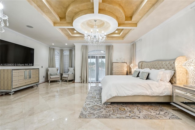 tiled bedroom featuring a chandelier, ornamental molding, access to exterior, and a tray ceiling