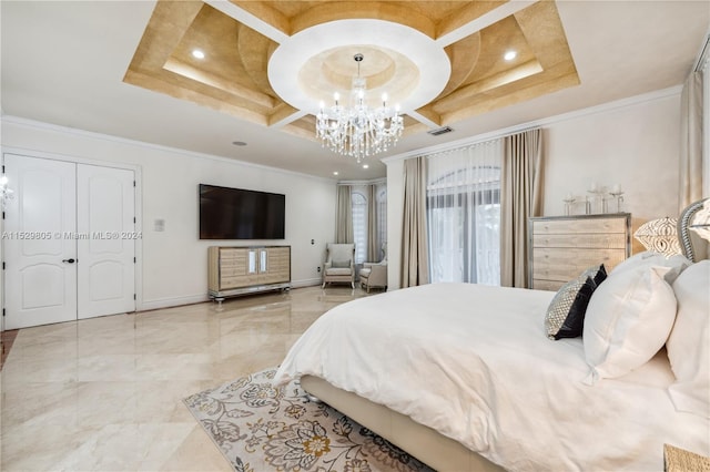 tiled bedroom featuring a raised ceiling, an inviting chandelier, coffered ceiling, and ornamental molding