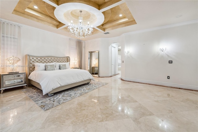 bedroom with coffered ceiling, a tray ceiling, a notable chandelier, light tile floors, and ornamental molding