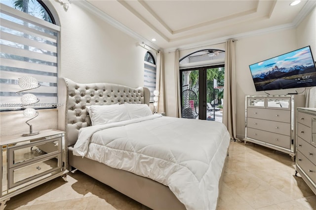 tiled bedroom with a raised ceiling, access to outside, french doors, and crown molding