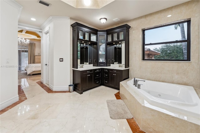 bathroom with a chandelier, tile flooring, dual vanity, and tiled bath