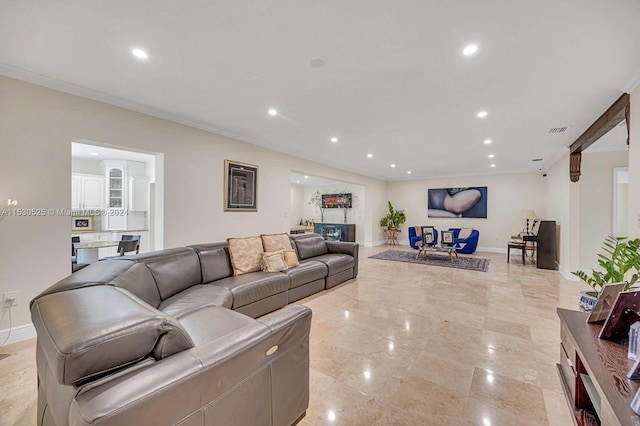 living room featuring crown molding