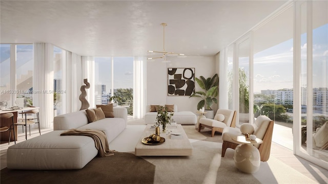 living room featuring a notable chandelier and expansive windows