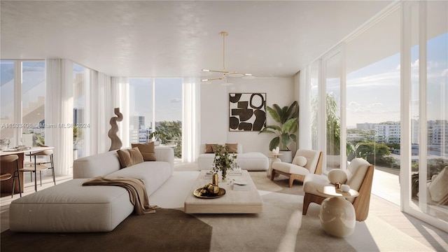 living room featuring an inviting chandelier and expansive windows