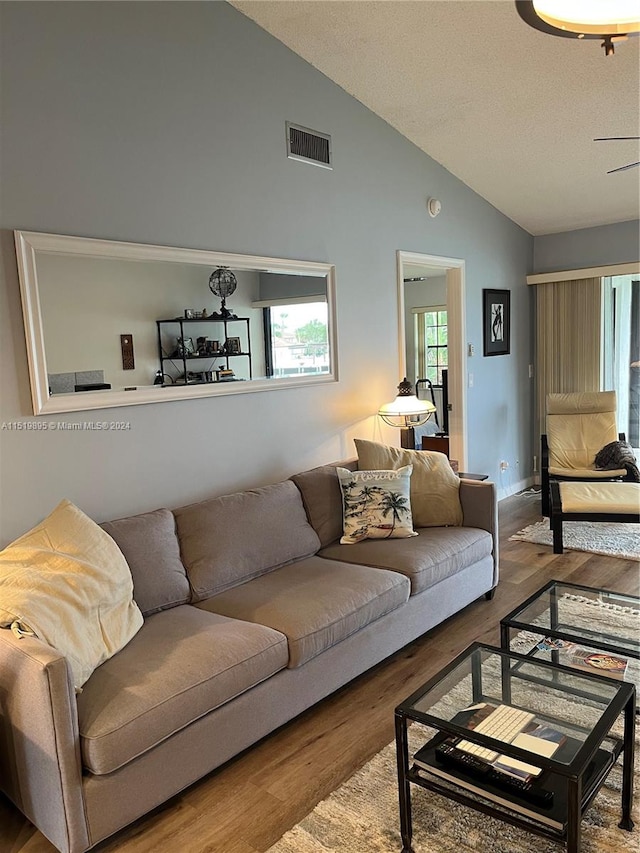 living room featuring high vaulted ceiling and hardwood / wood-style flooring