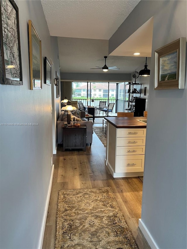 hallway with a textured ceiling and hardwood / wood-style flooring