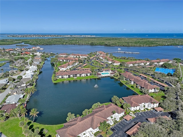 aerial view featuring a water view