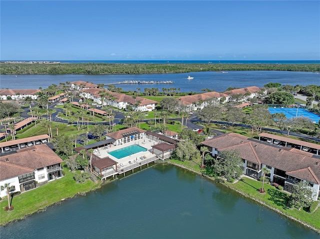 drone / aerial view featuring a water view