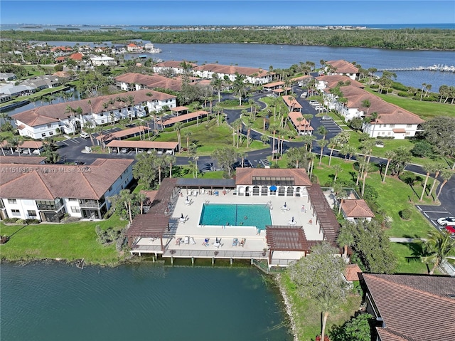 aerial view featuring a water view