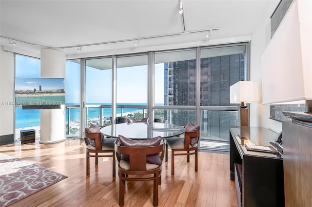 dining room featuring track lighting, light hardwood / wood-style floors, a wall of windows, and a water view