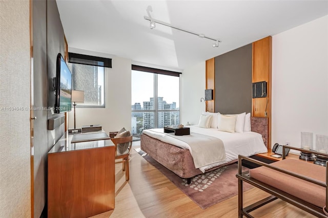 bedroom with rail lighting and light hardwood / wood-style flooring