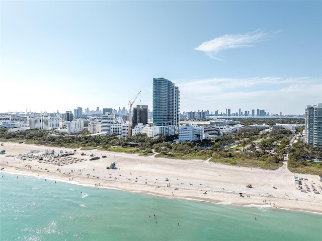 bird's eye view featuring a beach view and a water view