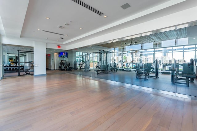 exercise room with a wealth of natural light, hardwood / wood-style flooring, and floor to ceiling windows