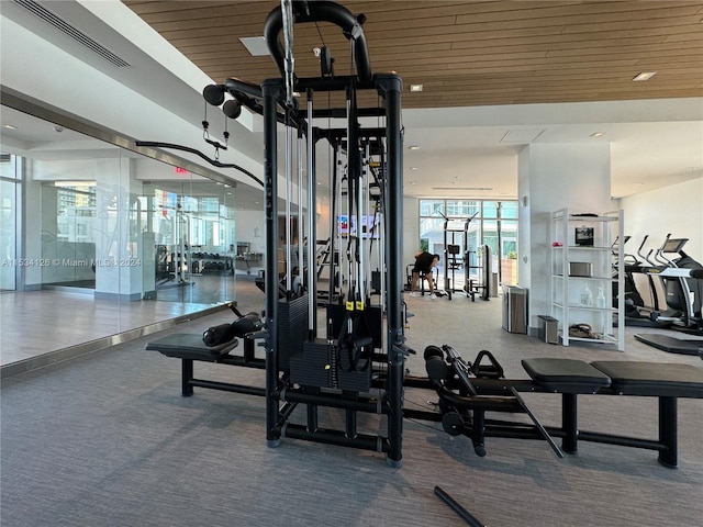 workout area with wooden ceiling and floor to ceiling windows