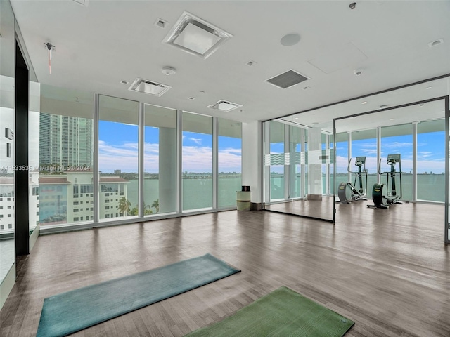 exercise room with a wall of windows, light hardwood / wood-style flooring, and a water view