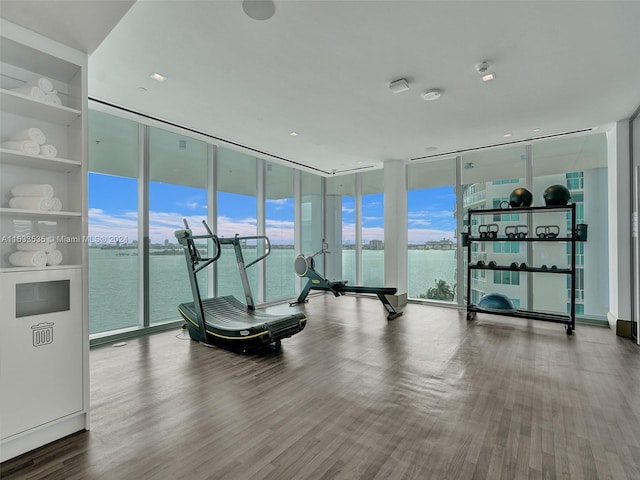 exercise room featuring floor to ceiling windows, hardwood / wood-style flooring, and a water view