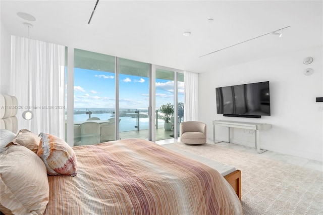 carpeted bedroom featuring floor to ceiling windows, track lighting, and access to exterior