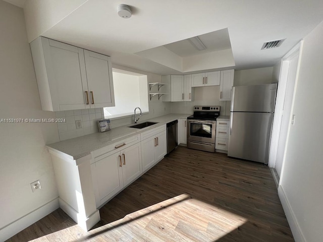 kitchen with white cabinetry, stainless steel appliances, sink, and dark wood-type flooring