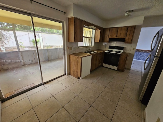 kitchen with sink, exhaust hood, white range with gas stovetop, stainless steel refrigerator, and tasteful backsplash