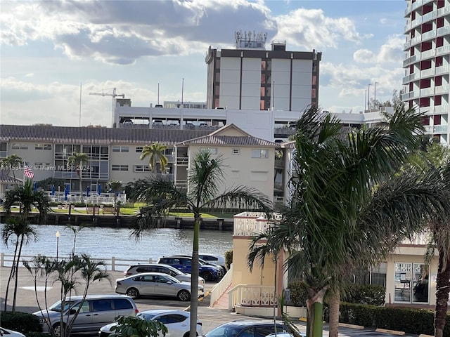 view of building exterior with a water view