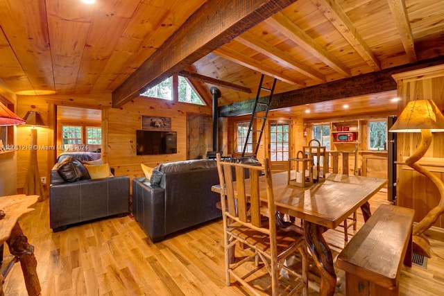 dining area with beamed ceiling, plenty of natural light, wooden walls, and wood ceiling