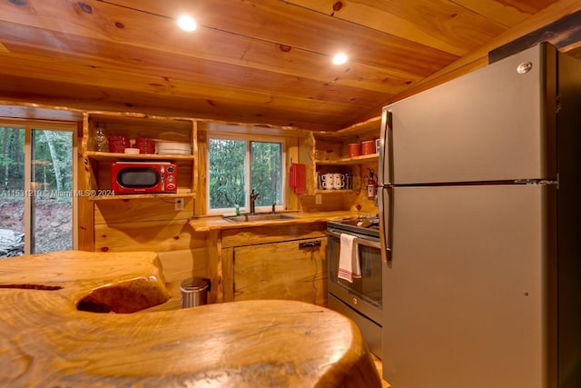 kitchen featuring wood ceiling, sink, and appliances with stainless steel finishes