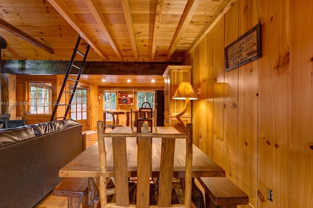 dining room featuring a wealth of natural light, beam ceiling, wood ceiling, and wooden walls