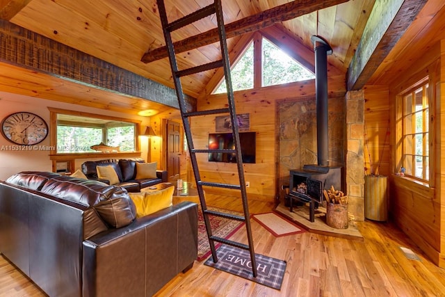 living room featuring beamed ceiling, a wood stove, wood ceiling, and wooden walls