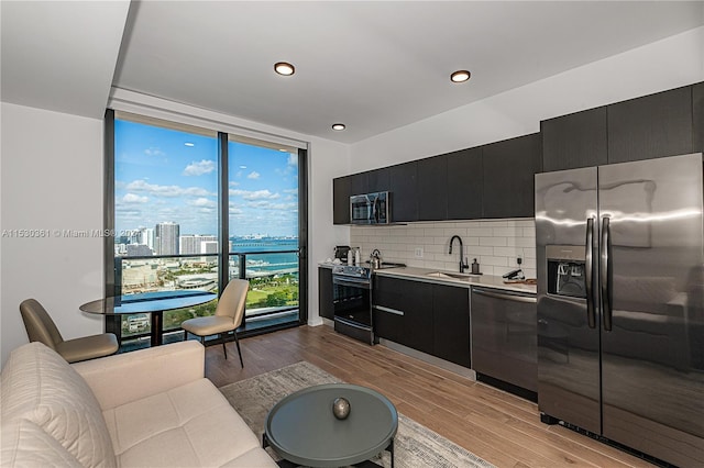 kitchen with light hardwood / wood-style floors, sink, a water view, stainless steel appliances, and tasteful backsplash