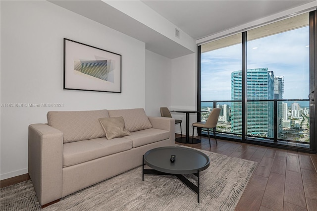 living room with a wall of windows and dark hardwood / wood-style floors