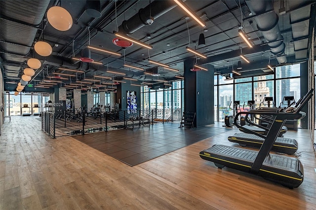 workout area with dark hardwood / wood-style flooring