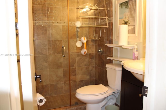 bathroom featuring vanity, a shower with door, and toilet