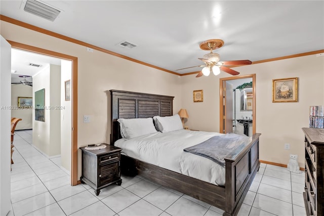 tiled bedroom featuring ornamental molding and ceiling fan