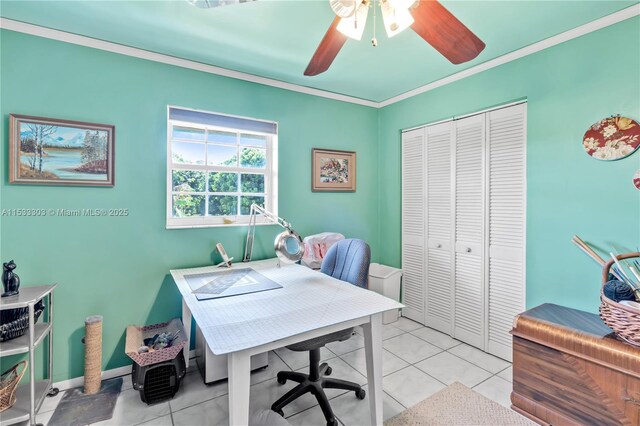 tiled home office with crown molding and ceiling fan